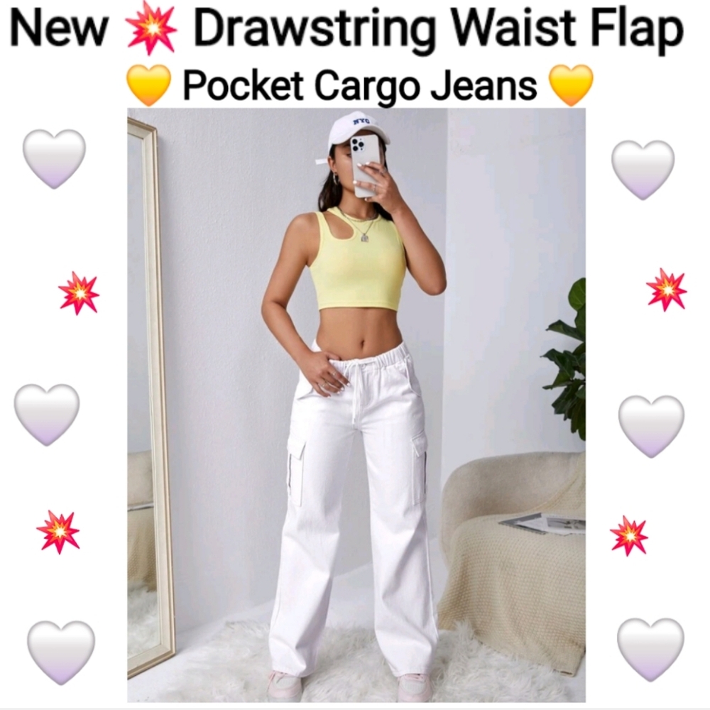 Stylish white cargo pants with drawstring, size L